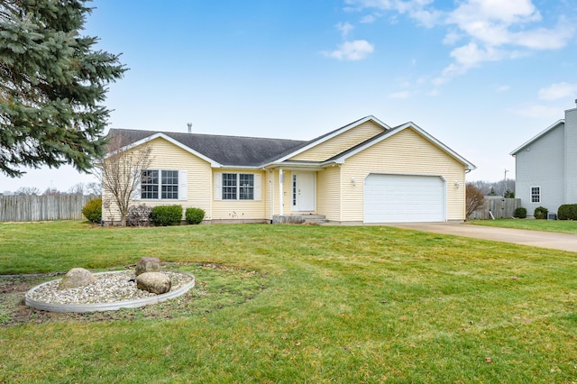 single story home with a garage and a front lawn