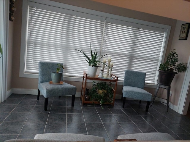 living area featuring dark tile patterned flooring