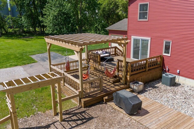 210 E Mcneil St, Corunna, MI 48817 - deck with a pergola, an outdoor living space, cooling unit, and a lawn