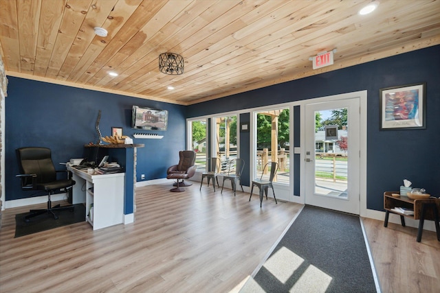 office featuring wood ceiling and light hardwood / wood-style floors