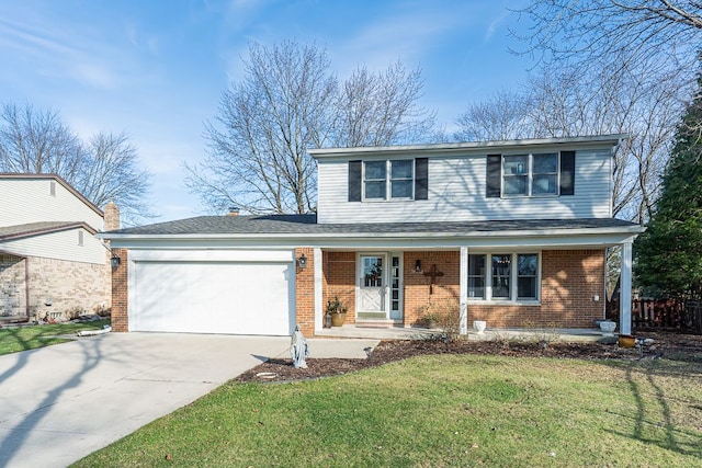 front facade with a garage and a front lawn