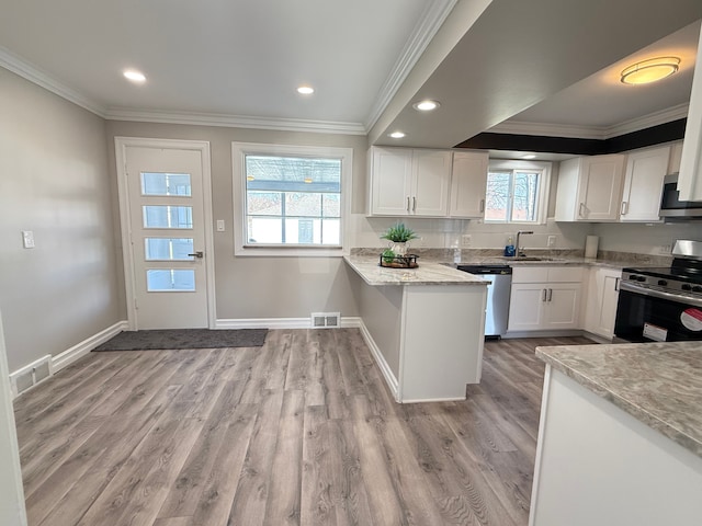 kitchen featuring light hardwood / wood-style floors, light stone countertops, white cabinetry, and stainless steel appliances