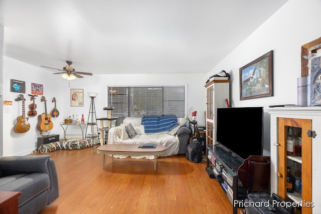 living room featuring ceiling fan and wood-type flooring