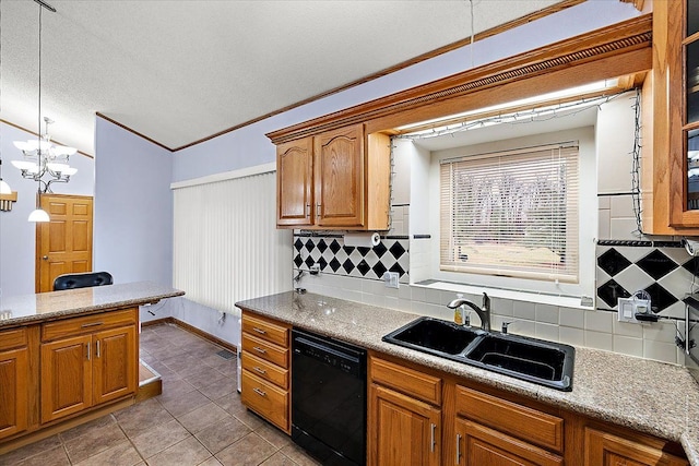 kitchen featuring dishwasher, sink, a chandelier, decorative light fixtures, and decorative backsplash