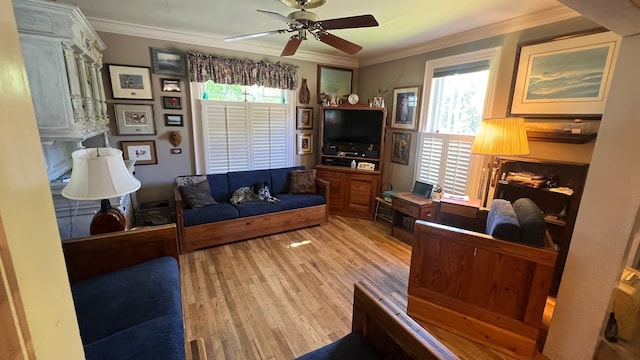 living room featuring ceiling fan, hardwood / wood-style flooring, and ornamental molding