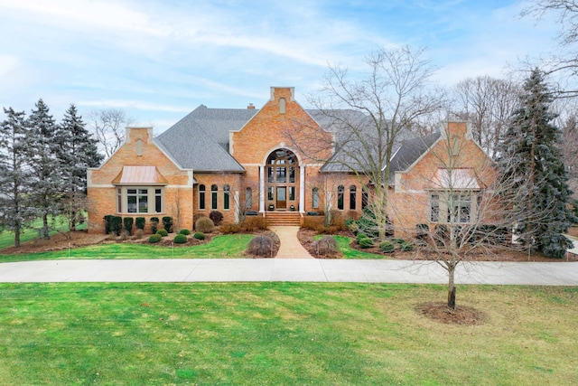 english style home with french doors and a front lawn