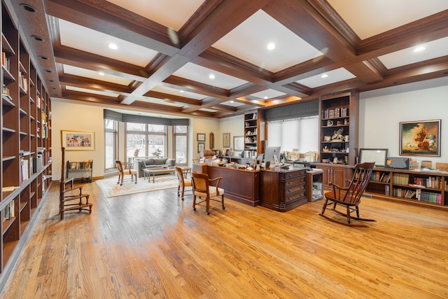 bar featuring beam ceiling, light hardwood / wood-style floors, and coffered ceiling