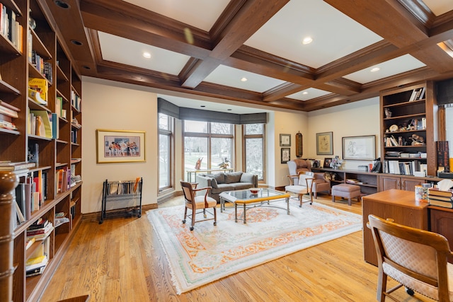 office featuring beamed ceiling, light wood-type flooring, crown molding, and coffered ceiling