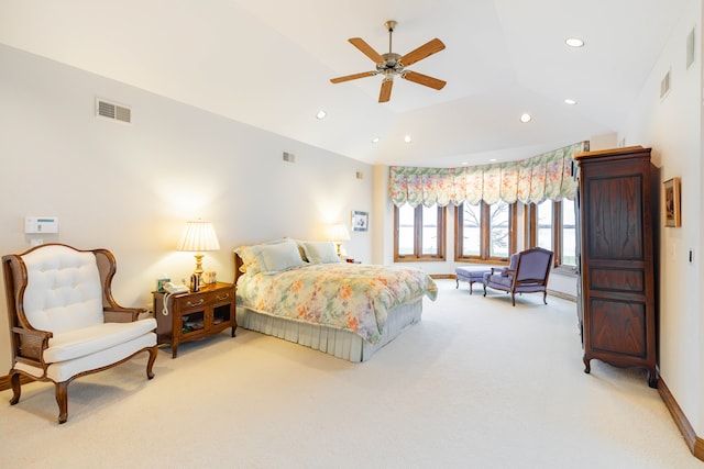 bedroom featuring ceiling fan, carpet floors, and lofted ceiling