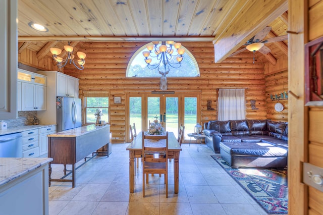 dining space with rustic walls, wooden ceiling, and a chandelier