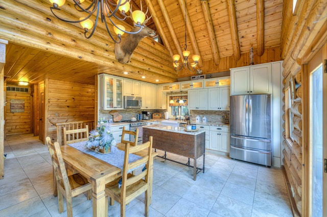 kitchen with appliances with stainless steel finishes, pendant lighting, high vaulted ceiling, and wooden ceiling