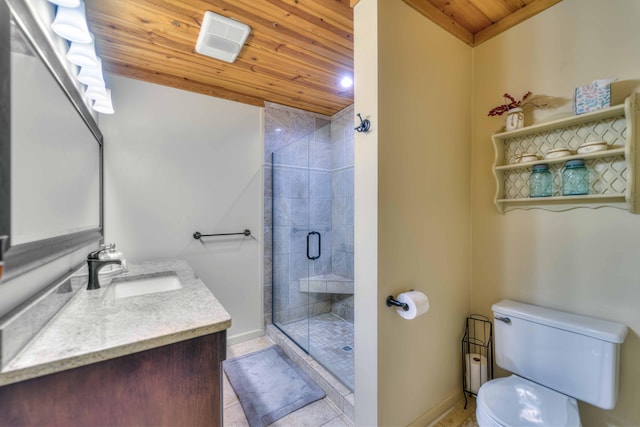 bathroom with walk in shower, vanity, wooden ceiling, tile patterned flooring, and toilet