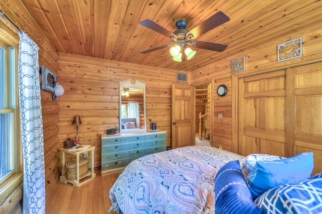 bedroom featuring ceiling fan, hardwood / wood-style floors, and wood ceiling