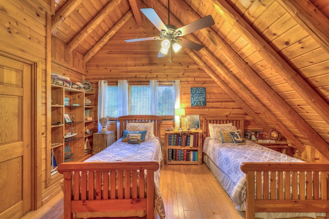 bedroom with wood walls, wooden ceiling, light hardwood / wood-style flooring, ceiling fan, and beamed ceiling