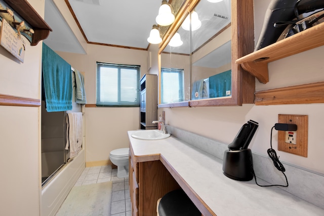 full bathroom with tile patterned flooring, crown molding, toilet, shower / bath combination with glass door, and vanity