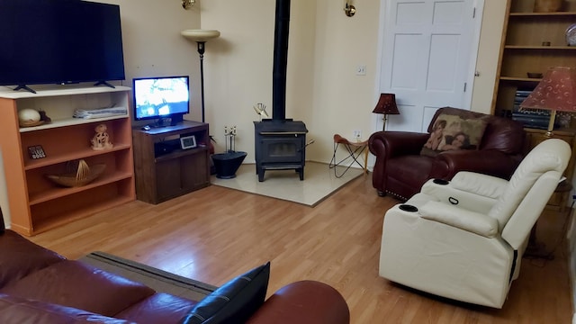 2639 S 3rd St, Niles, MI 49120 - living room with built in shelves, light wood-type flooring, and a wood stove