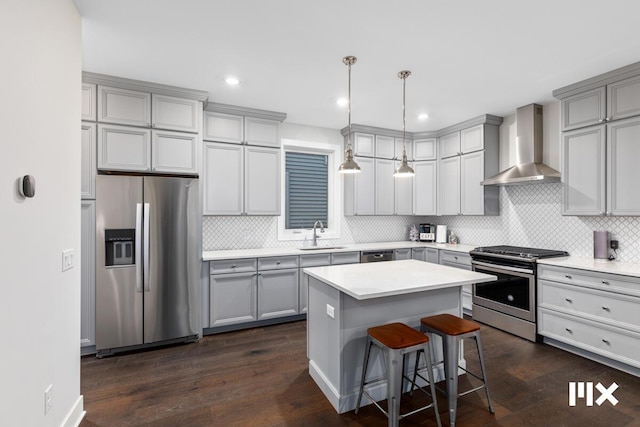 631 Fairview Ave NE Unit 2, Grand Rapids, MI 49503 - kitchen featuring stainless steel appliances, gray cabinets, a sink, and wall chimney range hood
