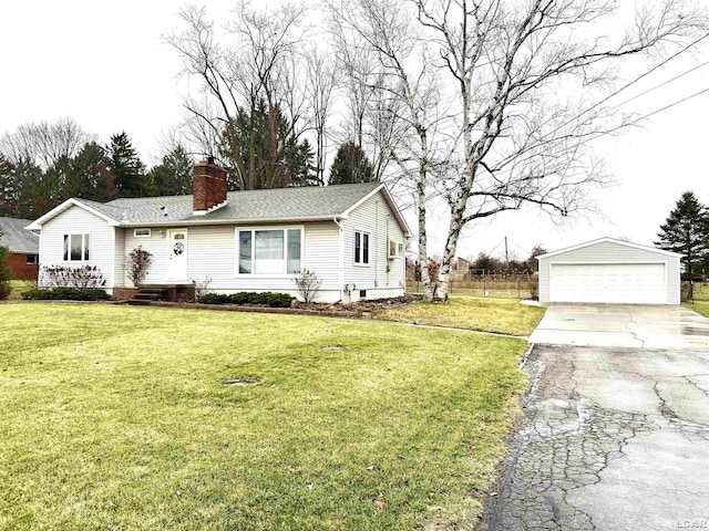 single story home with an outbuilding, a front lawn, and a garage