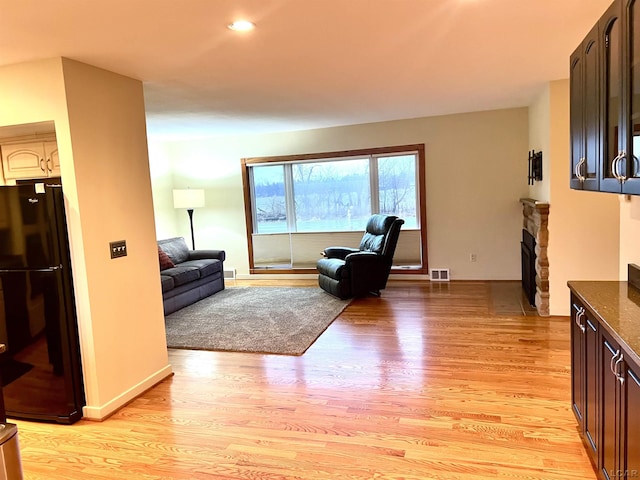 living room featuring a stone fireplace and light hardwood / wood-style flooring