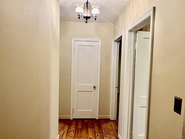 hallway with dark hardwood / wood-style flooring and a chandelier