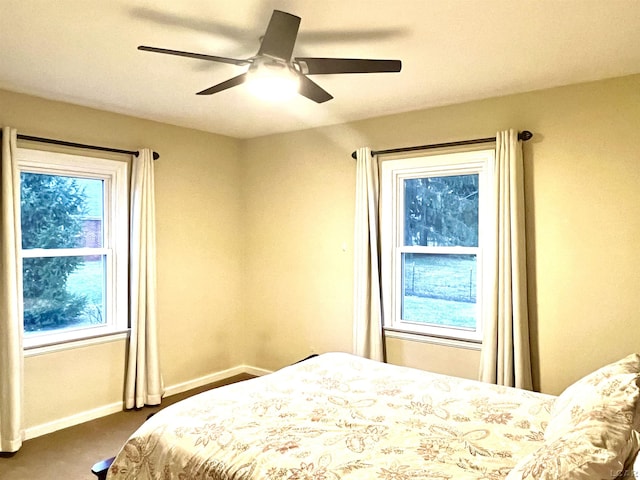 carpeted bedroom with ceiling fan and multiple windows