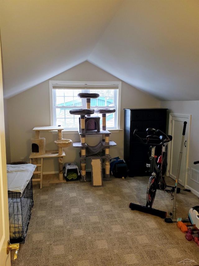 exercise area with lofted ceiling and carpet flooring