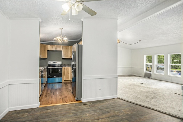 kitchen with dark hardwood / wood-style floors, light brown cabinetry, appliances with stainless steel finishes, ceiling fan with notable chandelier, and ornamental molding