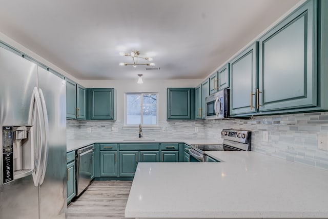 kitchen featuring sink, light hardwood / wood-style flooring, decorative backsplash, kitchen peninsula, and stainless steel appliances