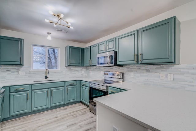 kitchen featuring tasteful backsplash, sink, a chandelier, and appliances with stainless steel finishes