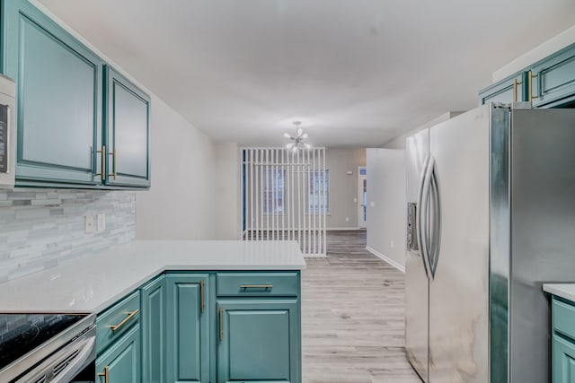 kitchen with kitchen peninsula, decorative backsplash, light hardwood / wood-style flooring, a chandelier, and stainless steel fridge with ice dispenser