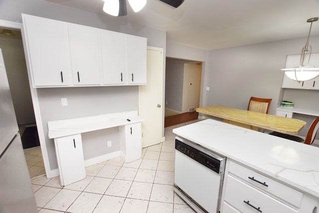 kitchen featuring dishwasher, white cabinetry, hanging light fixtures, and ceiling fan