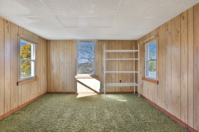 carpeted empty room featuring wooden walls and radiator heating unit