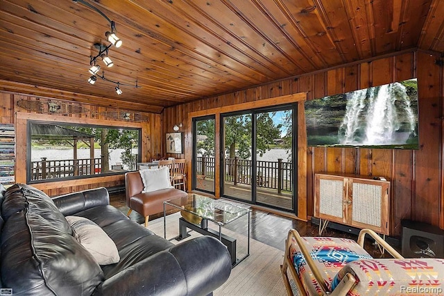 10086 King Rd, Davisburg, MI 48350 - living area with wooden walls, wood ceiling, and wood finished floors
