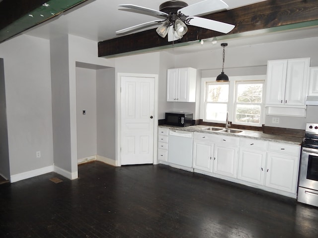 kitchen with white dishwasher, stainless steel range with electric stovetop, white cabinets, and sink