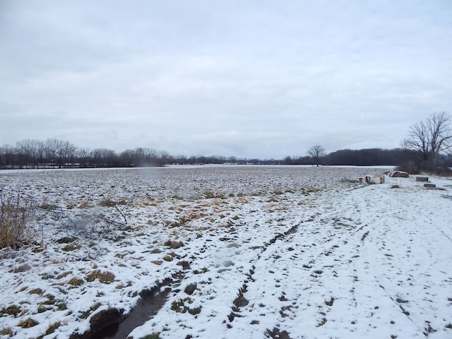 snowy yard featuring a rural view