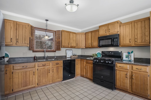 kitchen with pendant lighting, black appliances, sink, ornamental molding, and light tile patterned floors