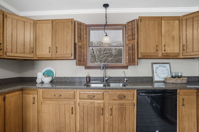 kitchen with dishwasher, sink, ornamental molding, and pendant lighting