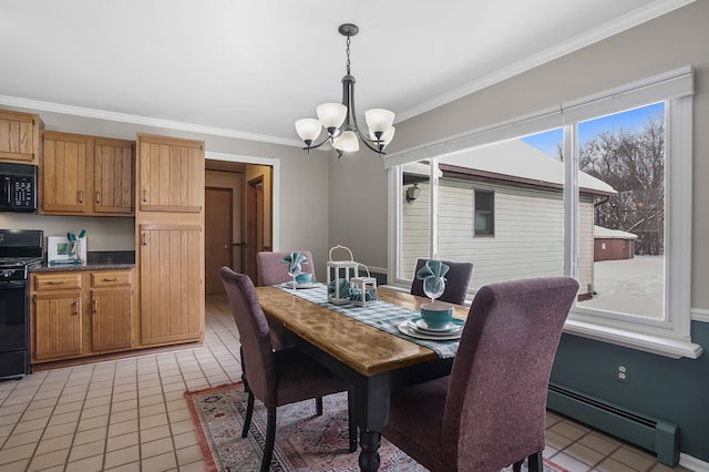 tiled dining room with baseboard heating, ornamental molding, and a notable chandelier