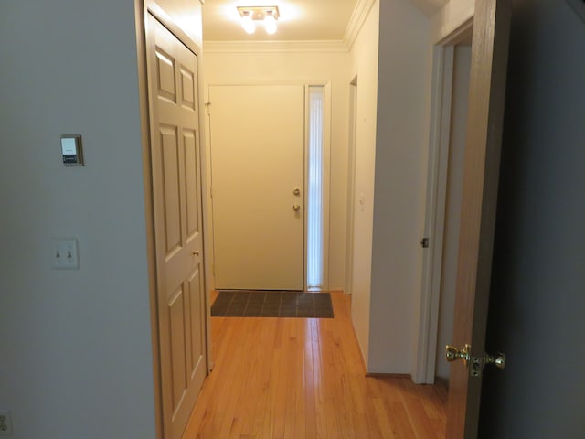 hall featuring crown molding and light hardwood / wood-style flooring