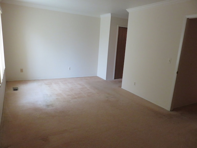 spare room with light carpet and crown molding