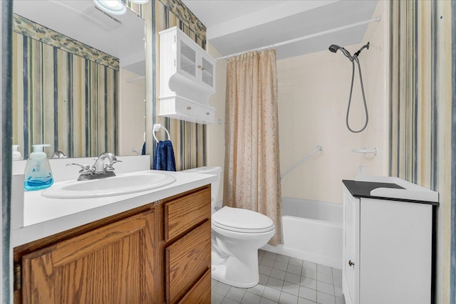 full bathroom featuring tile patterned floors, vanity, shower / bath combo, and toilet