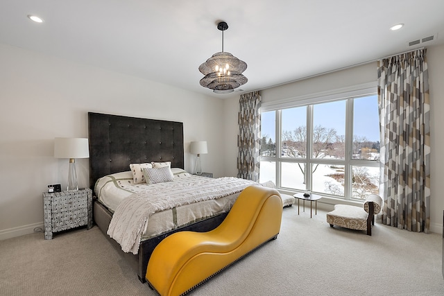 carpeted bedroom with baseboards and recessed lighting