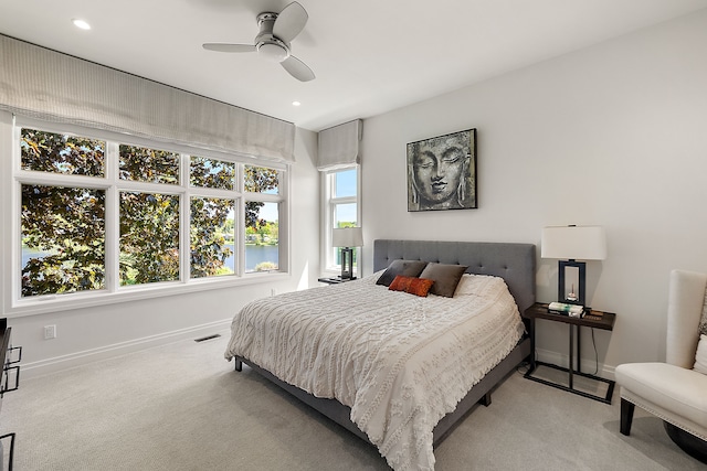 bedroom featuring carpet flooring, baseboards, recessed lighting, and ceiling fan