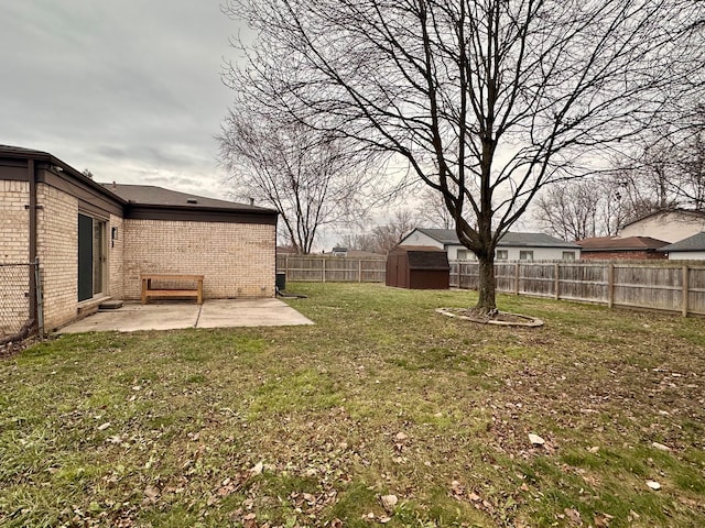 view of yard with a patio area and a storage unit