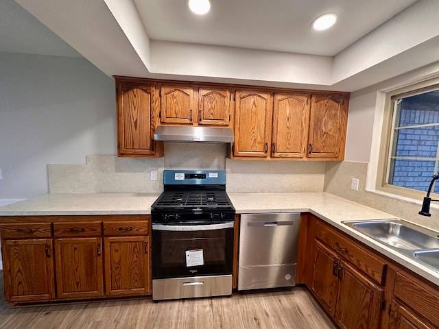 kitchen featuring backsplash, sink, light hardwood / wood-style floors, and appliances with stainless steel finishes