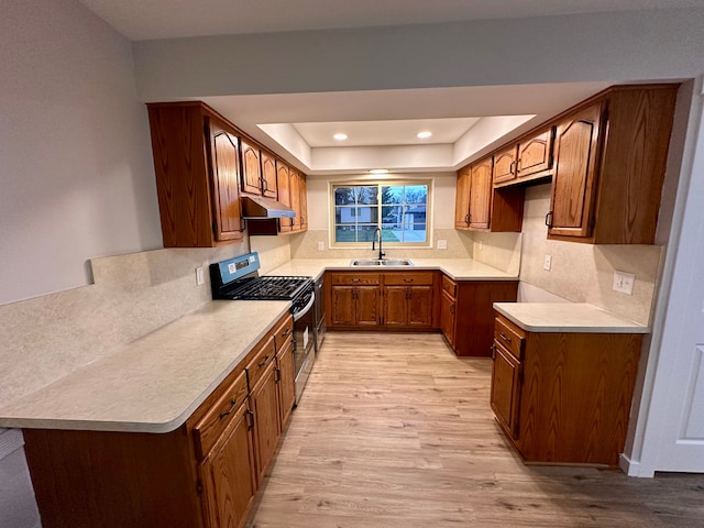 kitchen with backsplash, a raised ceiling, sink, and stainless steel range with gas stovetop