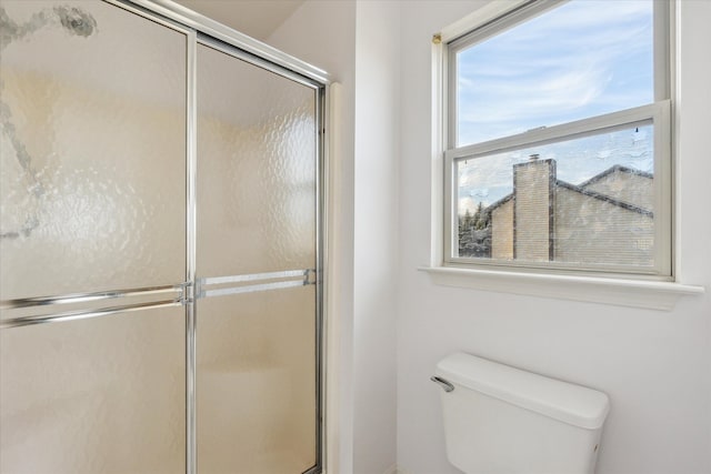 bathroom featuring toilet and a shower with door