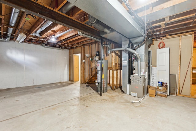 basement with heating unit and gas water heater