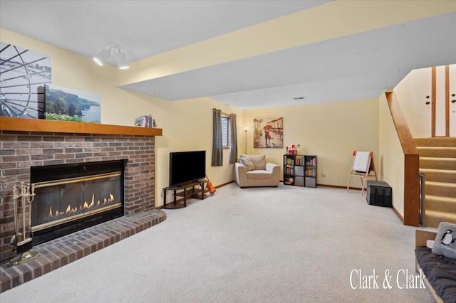 carpeted living room featuring a brick fireplace