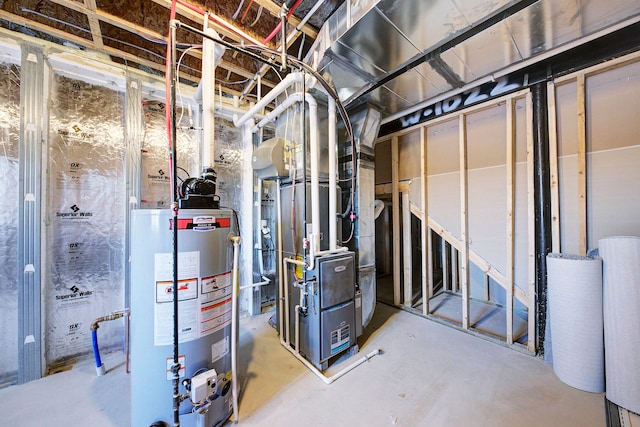 basement with gas water heater and heating unit